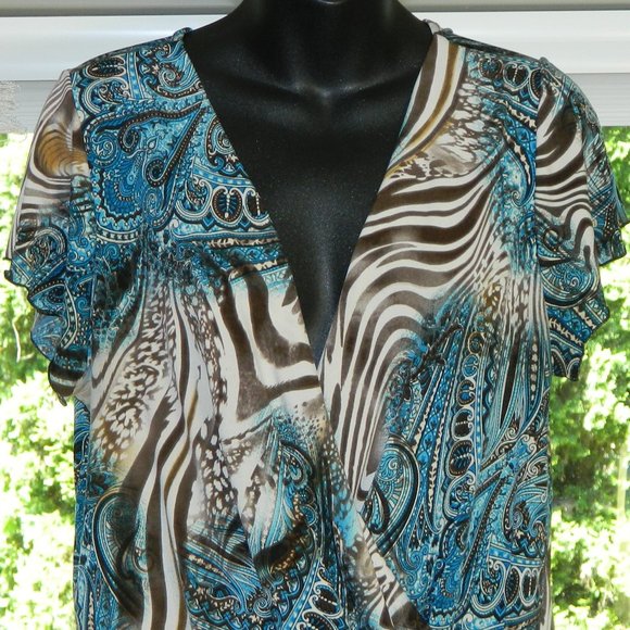 2 for/ $25 Jessica Cap Sleeve V-Neck Blouse Brown Blue Zebra Paisley Size 1X - Picture 6 of 16